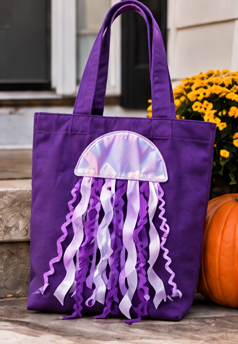 Purple tote bag with a jellyfish appliqué and ribbon tentacles