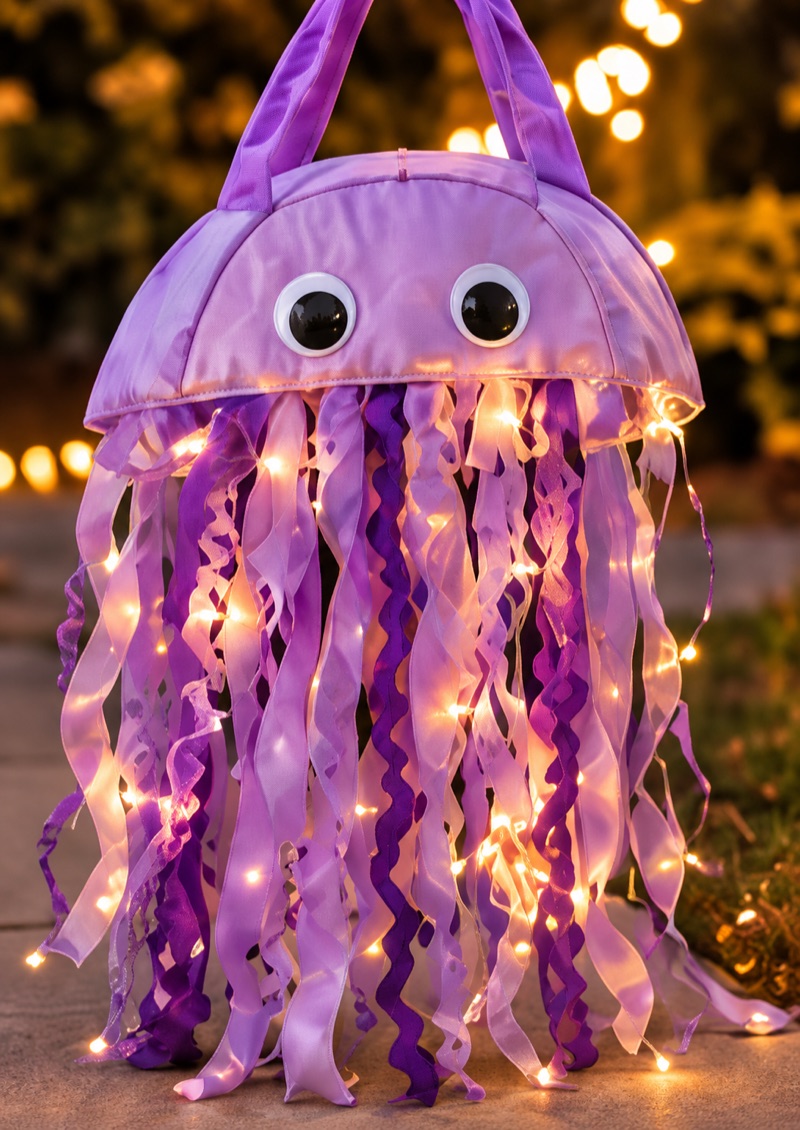 Jellyfish-shaped bag with flowing ribbon tentacles and string lights