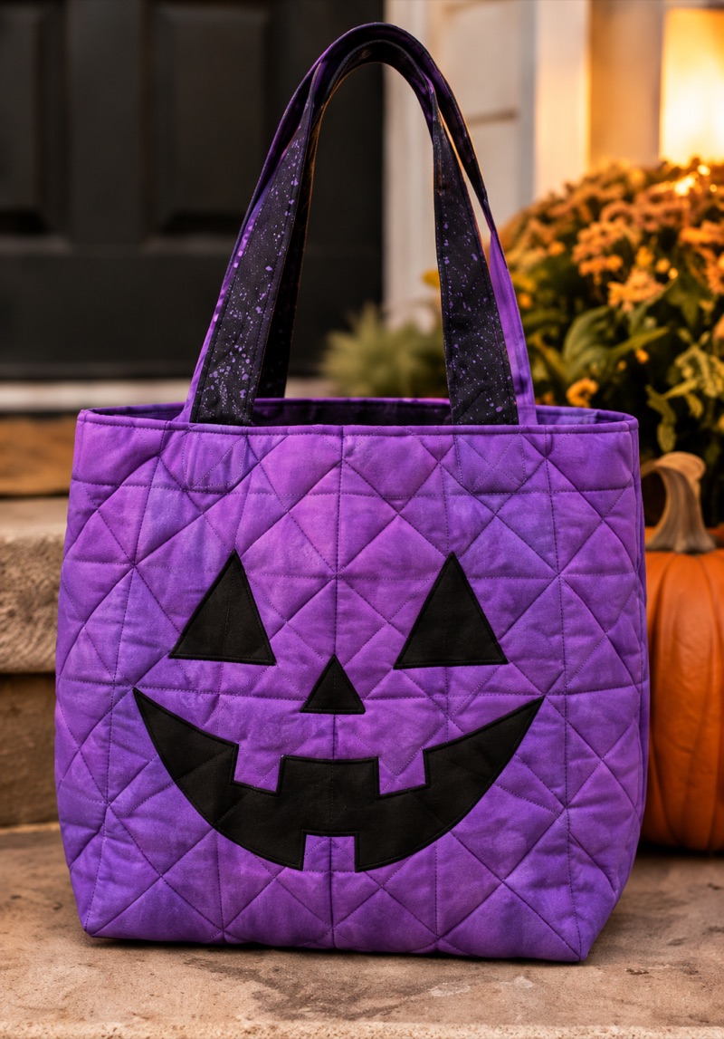 Quilted purple jack-o'-lantern tote bag