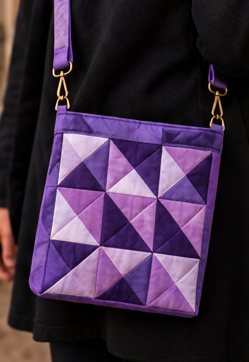 Quilted purple crossbody bag with a geometric pattern