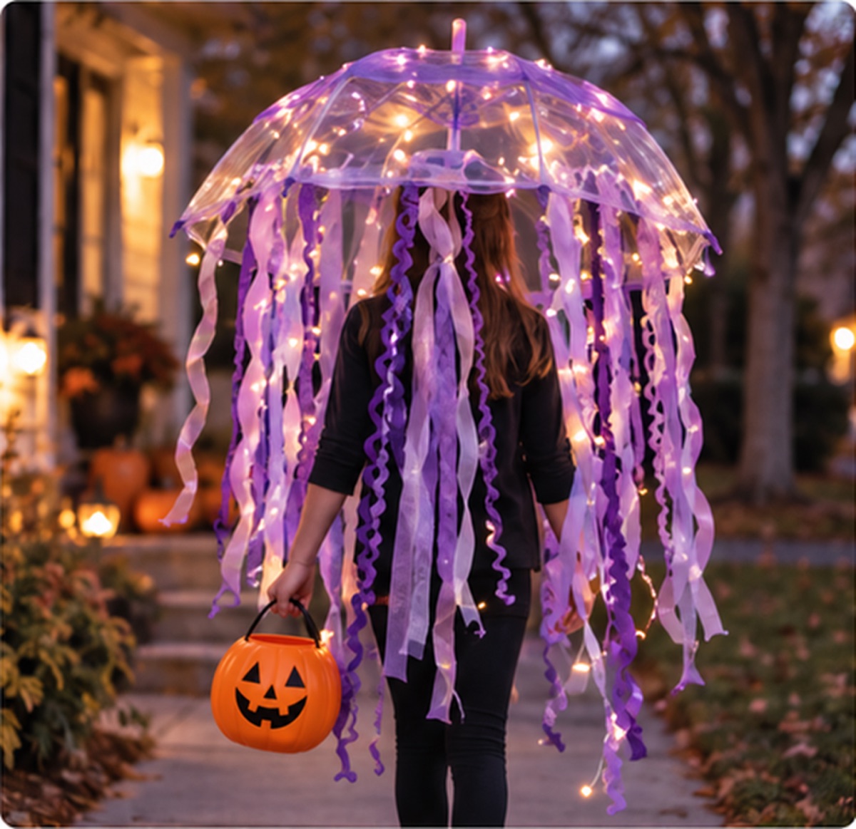 Person in a lighted jellyfish umbrella costume carrying an orange jack-o'-lantern candy pail